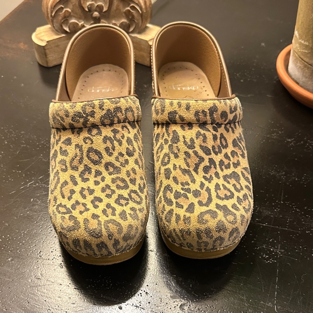 Dansko Leopard Print Suede Clogs in Tan and Black